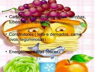 • Carboidratos complexos (pães, farinhas,
tubérculos, massas);
• Construtores ( leite e derivados, carne,
ovos, leguminosas)
• Energéticos extras (doces);
 