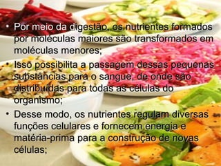 • Por meio da dPor meio da digestão, os nutrientes formadosigestão, os nutrientes formados
por moléculas maiores são transformados empor moléculas maiores são transformados em
moléculas menores;moléculas menores;
• Isso possibilita a passagem dessas pequenasIsso possibilita a passagem dessas pequenas
substâncias para o sangue, de onde sãosubstâncias para o sangue, de onde são
distribuídas para todas as células dodistribuídas para todas as células do
organismo;organismo;
• Desse modo, os nutrientes regulam diversasDesse modo, os nutrientes regulam diversas
funções celulares e fornecem energia efunções celulares e fornecem energia e
matéria-prima para a construção de novasmatéria-prima para a construção de novas
células;células;
 