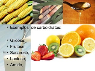 • Exemplos de carboidratos:Exemplos de carboidratos:
• Glicose,Glicose,
• Frutose,Frutose,
• Sacarose,Sacarose,
• Lactose,Lactose,
• Amido,Amido,
 