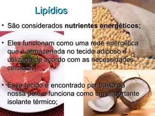 LipídiosLipídios
• São consideradosSão considerados nutrientes energéticos;nutrientes energéticos;
• Eles funcionam como uma rede energéticaEles funcionam como uma rede energética
que é armazenada no tecido adiposo eque é armazenada no tecido adiposo e
utilizada de acordo com as necessidadesutilizada de acordo com as necessidades
celulares;celulares;
• Esse tecido é encontrado por baixo daEsse tecido é encontrado por baixo da
nossa pele e funciona como um importantenossa pele e funciona como um importante
isolante térmico;isolante térmico;
 
