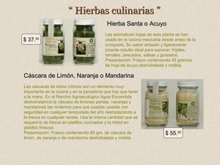 “ Hierbas culinarias ”
Hierba Santa o Acuyo
$ 37.

00

Las arómaticas hojas de esta planta se han
usado en la cocina mexicana desde antes de la
conquista. Su sabor anisado y ligeramente
picante resulta ideal para sazonar: frijoles,
tamales, pescados, salsas y guisados.
Presentación: Frasco conteniendo 45 gramos
de hoja de acuyo deshidratada y molida.

Cáscara de Limón, Naranja o Mandarina
Las cáscaras de estos cítricos son un elemento muy
importante en la cocina y en la panadería que hay que tener
a la mano. En el Rancho Agroecológico Agua Escondida
deshidratamos la cáscara de limones persas, naranjas y
mandarinas las molemos para que puedas usarlas con
seguridad en cualquier temporada del año reemplazando a
la fresca en cualquier receta. Usa la misma cantidad que se
requeriría de fresca en platillos cocinados y la mitad en
platillos frescos.
Presentación: Frasco conteniendo 60 grs. de cáscara de
limón, de naranja o de mandarina deshidratada y molida.

$ 55.00

 