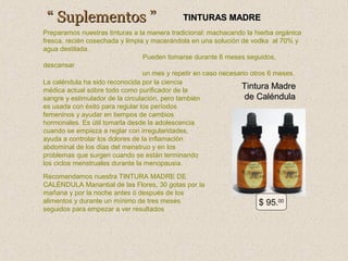 “ Suplementos ”

TINTURAS MADRE

Preparamos nuestras tinturas a la manera tradicional: machacando la hierba orgánica
fresca, recién cosechada y limpia y macerándola en una solución de vodka al 70% y
agua destilada.
Pueden tomarse durante 6 meses seguidos,
descansar
un mes y repetir en caso necesario otros 6 meses.
La caléndula ha sido reconocida por la ciencia
Tintura Madre
médica actual sobre todo como purificador de la
de Caléndula
sangre y estimulador de la circulación, pero también
es usada con éxito para regular los períodos
femeninos y ayudar en tiempos de cambios
hormonales. Es útil tomarla desde la adolescencia
cuando se empieza a reglar con irregularidades,
ayuda a controlar los dolores de la inflamación
abdominal de los días del menstruo y en los
problemas que surgen cuando se están terminando
los ciclos menstruales durante la menopausia.
Recomendamos nuestra TINTURA MADRE DE
CALÉNDULA Manantial de las Flores, 30 gotas por la
mañana y por la noche antes ó después de los
alimentos y durante un mínimo de tres meses
seguidos para empezar a ver resultados

$ 95.00

 