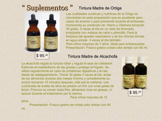 “ Suplementos ”

Tintura Madre de Ortiga

Las cualidades curativas y nutritivas de la Ortiga se
concentran en esta preparación que es excelente para
casos de anemia o para prevenirla durante el embarazo.
Incrementa su contenido de Hierro y Vitamina tomando
30 gotas, 3 veces al día en un vaso de limonada
endulzada con melaza de caña o piloncillo. Para la
limpieza del aparato respiratorio y de los riñones tómala
en agua simple 3 veces al día también.
Para niños mayores de 7 años. Ideal para embarazadas
Presentación: Frasco gotero cristal color ámbar con 60 ml.

$ 95.00

Tintura Madre de Alcachofa

La alcachofa regula la función biliar y regula la tasa de colesterol.
Estimula el metabolismo de las grasas y protege el hígado. Se
utiliza regularmente en caso de problemas digestivos y en las
dietas de adelgazamiento. Tomar 30 gotas 3 veces al día, antes
de los alimentos durante dos meses mínimo y complementa su
acción tomando 15 minutos después, sólo por la mañana: una
cucharada de aceite de oliva de presión en frío con unas gotas de
limón. Procura no comer nada frito, alimentos ricos en grasas, ni
azúcar durante el tratamiento por lo menos.
Para niños mayores de 12
años.
Presentación: Frasco gotero de cristal color ámbar con 60
ml.

$ 95.00

 