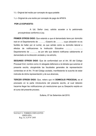 1.I.- Original del recibo por concepto de agua potable
1.J.- Original de una recibo por concepto de pago de APAFA
POR LO EXPUESTO:
A Ud. Señor Juez, solicito acceder a lo peticionado
proveyéndose conforme a Ley.
PRIMER OTROSI DIGO: Que estando a que el demandado tiene por domicilio
real en el Departamento de ………..-Caserío de ……….. cuya ubicación no es
factible de hallar por el currier, es que señalo como su domicilio laboral a
efectos de notificaciones la Institución Educativa ………. …………,
Departamento de ……….., es por ello que deberá notificarse validamente al
demandado en la dirección anotada y vía exhorto.
SEGUNDO OTROSI DIGO: Que de conformidad con el Art. 80 del Código
Procesal Civil, nombro como mi abogada defensora a la letrada que autoriza el
presente escrito, otorgándole las facultades generales de representación
contenidas en el Art. 74 del Código acotado, manifestando la suscrita de estar
instruida de dicha representación y de sus alcances,
TERCER OTROSI DIGO: Que, reitero que mi DOMICILIO PROCESAL es el
precisado en la parte introductoria del presente escrito, al cual deberán
hacerme llegar las notificaciones y/o resoluciones que su Despacho expida en
el curso del presente proceso.
Sullana, 07 de Setiembre del 2010.
___________________________________
NATALY J. TORRES CERVANTES
ABOGADA
Reg. I.C.A.P Nº 2495
 