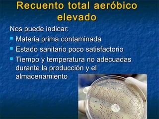 Recuento total aeróbicoRecuento total aeróbico
elevadoelevado
Nos puede indicar:Nos puede indicar:
 Materia prima contaminadaMateria prima contaminada
 Estado sanitario poco satisfactorioEstado sanitario poco satisfactorio
 Tiempo y temperatura no adecuadasTiempo y temperatura no adecuadas
durante la producción y eldurante la producción y el
almacenamientoalmacenamiento
 