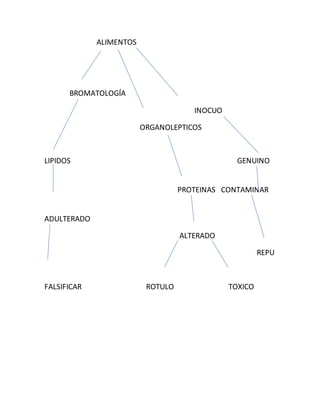 ALIMENTOS 
BROMATOLOGÍA 
INOCUO 
ORGANOLEPTICOS 
LIPIDOS GENUINO 
PROTEINAS CONTAMINAR 
ADULTERADO 
ALTERADO 
REPU 
FALSIFICAR ROTULO TOXICO 
