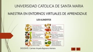 UNIVERSIDAD CATOLICA DE SANTA MARIA
LOS ALIMENTOS
DOCENTE: Carmen Anyela Bejarano Herrera
MAESTRIA EN ENTORNOS VIRTUALES DE APRENDIZAJE
 