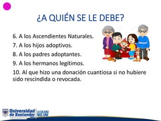 ¿A QUIÉN SE LE DEBE?
6. A los Ascendientes Naturales.
7. A los hijos adoptivos.
8. A los padres adoptantes.
9. A los hermanos legítimos.
10. Al que hizo una donación cuantiosa si no hubiere
sido rescindida o revocada.
 