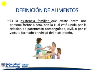 DEFINICIÓN DE ALIMENTOS
• Es la asistencia familiar que existe entre una
persona frente a otra, con la cual está unida por la
relación de parentesco consanguíneo, civil, o por el
vínculo formado en virtud del matrimonio.
 