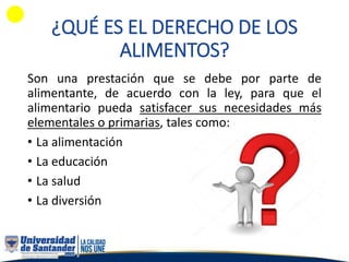 ¿QUÉ ES EL DERECHO DE LOS
ALIMENTOS?
Son una prestación que se debe por parte de
alimentante, de acuerdo con la ley, para que el
alimentario pueda satisfacer sus necesidades más
elementales o primarias, tales como:
• La alimentación
• La educación
• La salud
• La diversión
 