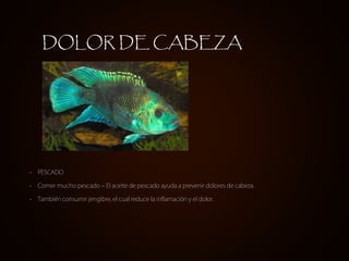 • PESCADO
• Comer mucho pescado – El aceite de pescado ayuda a prevenir dolores de cabeza.
• También consumir jengibre, el cual reduce la inflamación y el dolor.
DOLOR DE CABEZA
 