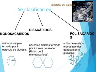 Cristales de Glucosa
MONOSACÁRIDOS
DISACÁRIDOS
POLISACÁRIDO
S
Se clasifican en
azúcares simples
formado por 1
molécula de glucosa.
1 mol
azúcares simples formado
por 2 moles de azúcar.
(Unión de 2
monosacáridos)
unión de muchos
monosacáridos,
generalmente
glucosas.
 