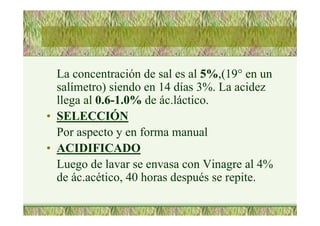 La concentración de sal es al 5%,(19° en un
salímetro) siendo en 14 días 3%. La acidez
llega al 0.6-1.0% de ác.láctico.
• SELECCIÓN
Por aspecto y en forma manual
• ACIDIFICADO
Luego de lavar se envasa con Vinagre al 4%
de ác.acético, 40 horas después se repite.
 