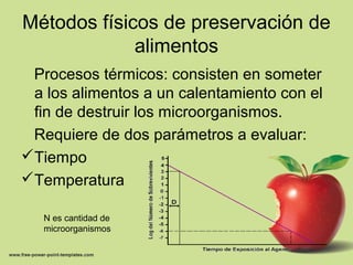 Métodos físicos de preservación de
alimentos
Procesos térmicos: consisten en someter
a los alimentos a un calentamiento con el
fin de destruir los microorganismos.
Requiere de dos parámetros a evaluar:
Tiempo
Temperatura
N es cantidad de
microorganismos
 