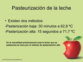 Pasteurización de la leche
• Existen dos métodos:
-Pasterización baja: 30 minutos a 62,8 ºC
-Pasterización alta: 15 segundos a 71,7 ºC
En la actualidad prácticamente toda la leche que se
pasteuriza se hace por el método de pasterización alta
 