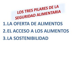 1.LA OFERTA DE ALIMENTOS
2.EL ACCESO A LOS ALIMENTOS
3.LA SOSTENIBILIDAD
 
