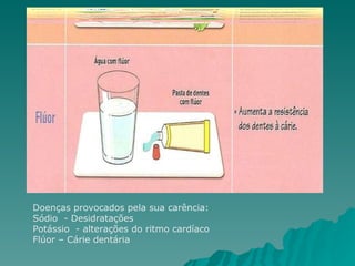 Doenças provocados pela sua carência:  Sódio  - Desidratações Potássio  - alterações do ritmo cardíaco  Flúor – Cárie dentária 