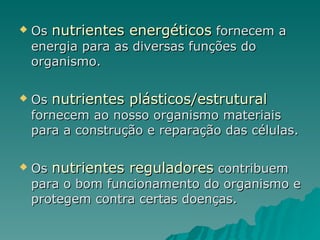 Os  nutrientes energéticos  fornecem a energia para as diversas funções do organismo. Os  nutrientes plásticos/estrutural  fornecem ao nosso organismo materiais para a construção e reparação das células. Os  nutrientes reguladores  contribuem para o bom funcionamento do organismo e protegem contra certas doenças. 