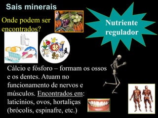 Sais minerais
Cálcio e fósforo – formam os ossos
e os dentes. Atuam no
funcionamento de nervos e
músculos. Encontrados em:
laticínios, ovos, hortaliças
(brócolis, espinafre, etc.)
Nutriente
regulador
Onde podem ser
encontrados?
 
