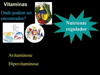 Vitaminas
Nutriente
regulador
Onde podem ser
encontrados?
Avitaminose
Hipovitaminose
 