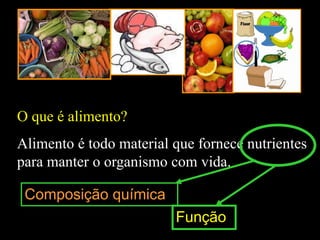 O que é alimento?
Alimento é todo material que fornece nutrientes
para manter o organismo com vida.
Composição química
Função
 