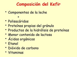 Composición del Kefir
• Componentes de la leche
+
• Polisacáridos
• Proteínas propias del gránulo
• Productos de la hidrólisis de proteínas
• Menor contenido de lactosa
• Ácidos orgánicos
• Etanol
• Dióxido de carbono
• Vitaminas
 