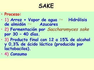 SAKE
• Proceso:
• 1) Arroz + Vapor de agua  Hidrólisis
de almidón  Azucares
• 2) Fermentación por Saccharomyces sake
por 30 – 40 días.
• 3) Producto final con 12 a 15% de alcohol
y 0,3% de ácido láctico (producido por
lactobacilos).
• 4) Consumo
 