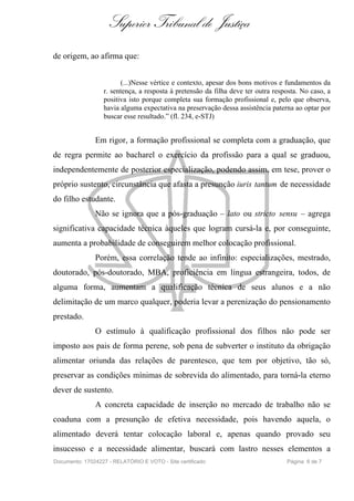 Superior Tribunal de Justiça
de origem, ao afirma que:


                        (...)Nesse vértice e contexto, apesar dos bons motivos e fundamentos da
                  r. sentença, a resposta à pretensão da filha deve ter outra resposta. No caso, a
                  positiva isto porque completa sua formação profissional e, pelo que observa,
                  havia alguma expectativa na preservação dessa assistência paterna ao optar por
                  buscar esse resultado.” (fl. 234, e-STJ)


               Em rigor, a formação profissional se completa com a graduação, que
de regra permite ao bacharel o exercício da profissão para a qual se graduou,
independentemente de posterior especialização, podendo assim, em tese, prover o
próprio sustento, circunstância que afasta a presunção iuris tantum de necessidade
do filho estudante.
               Não se ignora que a pós-graduação – lato ou stricto sensu – agrega
significativa capacidade técnica àqueles que logram cursá-la e, por conseguinte,
aumenta a probabilidade de conseguirem melhor colocação profissional.
               Porém, essa correlação tende ao infinito: especializações, mestrado,
doutorado, pós-doutorado, MBA, proficiência em língua estrangeira, todos, de
alguma forma, aumentam a qualificação técnica de seus alunos e a não
delimitação de um marco qualquer, poderia levar a perenização do pensionamento
prestado.
               O estímulo à qualificação profissional dos filhos não pode ser
imposto aos pais de forma perene, sob pena de subverter o instituto da obrigação
alimentar oriunda das relações de parentesco, que tem por objetivo, tão só,
preservar as condições mínimas de sobrevida do alimentado, para torná-la eterno
dever de sustento.
               A concreta capacidade de inserção no mercado de trabalho não se
coaduna com a presunção de efetiva necessidade, pois havendo aquela, o
alimentado deverá tentar colocação laboral e, apenas quando provado seu
insucesso e a necessidade alimentar, buscará com lastro nesses elementos a
Documento: 17024227 - RELATÓRIO E VOTO - Site certificado                         Página 6 de 7
 