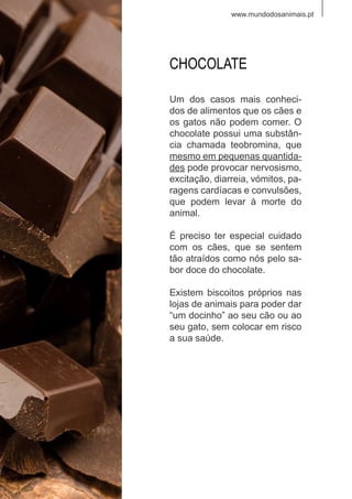 www.mundodosanimais.pt
Um dos casos mais conheci-
dos de alimentos que os cães e
os gatos não podem comer. O
chocolate possui uma substân-
cia chamada teobromina, que
mesmo em pequenas quantida-
des pode provocar nervosismo,
excitação, diarreia, vómitos, pa-
ragens cardíacas e convulsões,
que podem levar à morte do
animal.
É preciso ter especial cuidado
com os cães, que se sentem
tão atraídos como nós pelo sa-
bor doce do chocolate.
Existem biscoitos próprios nas
lojas de animais para poder dar
“um docinho” ao seu cão ou ao
seu gato, sem colocar em risco
a sua saúde.
CHOCOLATE
 