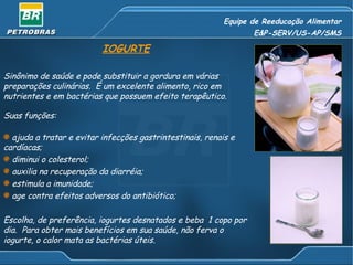Equipe de Reeducação Alimentar E&P-SERV/US-AP/SMS IOGURTE Sinônimo de saúde e pode substituir a gordura em várias preparações culinárias.  É um excelente alimento, rico em nutrientes e em bactérias que possuem efeito terapêutico. Suas funções: ajuda a tratar e evitar infecções gastrintestinais, renais e cardíacas; diminui o colesterol; auxilia na recuperação da diarréia; estimula a imunidade; age contra efeitos adversos do antibiótico; Escolha, de preferência, iogurtes desnatados e beba  1 copo por dia.  Para obter mais benefícios em sua saúde, não ferva o iogurte, o calor mata as bactérias úteis. 