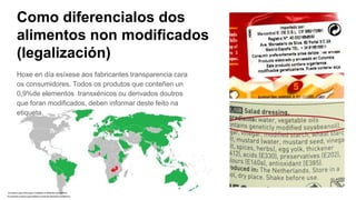 Como diferencialos dos
alimentos non modificados
(legalización)
Hoxe en día esíxese aos fabricantes transparencia cara
os consumidores. Todos os produtos que conteñen un
0,9%de elementos transxénicos ou derivados doutros
que foran modificados, deben informar deste feito na
etiqueta.
 