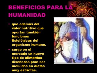 BENEFICIOS PARA LA HUMANIDAD que además del valor nutritivo que aportan también funciones fisiológicas del organismo humano. surge en el mercado un nuevo tipo de  alimentos  diseñados para ser incluidos en dietas muy estrictas. los  alimentos  pueden favorecer la salud como parte de una dieta .  