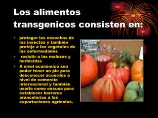 Los alimentos transgenicos consisten en: proteger las cosechas de los insectos y también preteje a los vegetales de las enfermedades  resistir a las malezas y herbicidas A nivel económico son poder tener un pie para desconocer acuerdos a nivel de comercio internacional y también usarlo como excusa para establecer barreras arancelarias a las exportaciones agrícolas.  