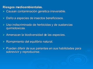 Riesgos medioambientales. Causan contaminación genética irreversible. Daño a especies de insectos beneficiosos. Uso indiscriminado de herbicidas y de sustancias quimiotoxicas. Amenazan la biodiversidad de las especies. Rompimiento del equilibrio natural. Pueden diferir de sus parientes en sus habilidades para sobrevivir y reproducirse. 