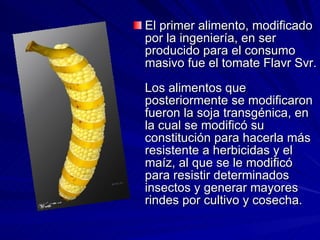 El primer alimento, modificado por la ingeniería, en ser producido para el consumo masivo fue el tomate Flavr Svr.  Los alimentos que posteriormente se modificaron fueron la soja transgénica, en la cual se modificó su constitución para hacerla más resistente a herbicidas y el maíz, al que se le modificó para resistir determinados insectos y generar mayores rindes por cultivo y cosecha.  