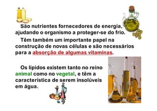 São nutrientes fornecedores de energia,
ajudando o organismo a proteger-se do frio.
Têm também um importante papel na
construção de novas células e são necessários
para a absorção de algumas vitaminas.
Os lípidos existem tanto no reino
animal como no vegetal, e têm a
característica de serem insolúveis
em água.
 