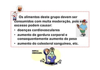 Os alimentos deste grupo devem ser
consumidos com muita moderação, pois em
excesso podem causar:
• doenças cardiovasculares
• aumento de gordura corporal e
consequentemente aumento de peso
• aumento do colesterol sanguíneo, etc.
 