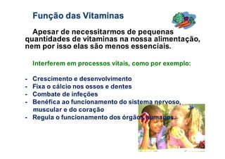 Função das Vitaminas
Apesar de necessitarmos de pequenas
quantidades de vitaminas na nossa alimentação,
nem por isso elas são menos essenciais.
Interferem em processos vitais, como por exemplo:
- Crescimento e desenvolvimento
- Fixa o cálcio nos ossos e dentes
- Combate de infeções
- Benéfica ao funcionamento do sistema nervoso,
muscular e do coração
- Regula o funcionamento dos órgãos humanos.
 