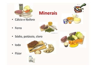 Minerais
• Cálcio e fósforo
• Ferro
• Sódio, potássio, cloro
• Iodo
• Flúor
 