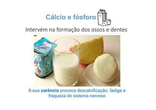 Intervém na formação dos ossos e dentes
Cálcio e fósforo
A sua carência provoca descalcificação, fadiga e
fraqueza do sistema nervoso
 