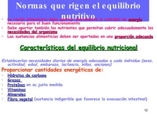 Normas que rigen el   equilibrio nutritivo La ración alimentaria debe aportar diariamente la cantidad de  energía  necesaria para el buen funcionamiento Debe aportar también los nutrientes que permitan cubrir adecuadamente las  necesidades del organismo Las sustancias alimenticias deben ser aportadas en una  proporción adecuada Características del equilibrio nutricional Establecerlas necesidades diarias de energía adecuadas a cada individuo (sexo, actividad, edad, embarazo, lactancia, niños, ancianos) Proporcionar cantidades energéticas de:   Hidratos de carbono Grasas  Proteínas  en su justa medida Vitaminas Minerales Fibra vegetal  (sustancia indigerible que favorece la evacuación intestinal) 