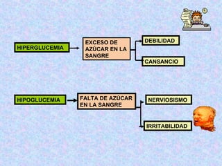 HIPERGLUCEMIA HIPOGLUCEMIA EXCESO DE AZÚCAR EN LA SANGRE FALTA DE AZÚCAR EN LA SANGRE DEBILIDAD CANSANCIO NERVIOSISMO IRRITABILIDAD 