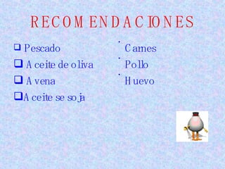 RECOMENDACIONES Pescado Aceite de oliva Avena Aceite se soja Carnes  Pollo Huevo 