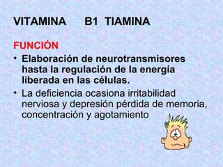 VITAMINA  B1  TIAMINA FUNCIÓN Elaboración de neurotransmisores hasta la regulación de la energía liberada en las células.   La deficiencia ocasiona irritabilidad nerviosa y depresión pérdida de memoria, concentración y agotamiento 