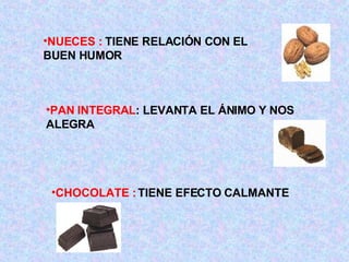 NUECES :  TIENE RELACIÓN CON EL BUEN HUMOR PAN INTEGRAL : LEVANTA EL ÁNIMO Y NOS ALEGRA CHOCOLATE :  TIENE EFECTO CALMANTE 