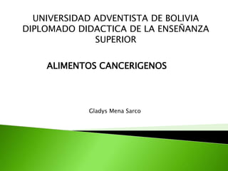 UNIVERSIDAD ADVENTISTA DE BOLIVIA
DIPLOMADO DIDACTICA DE LA ENSEÑANZA
SUPERIOR
ALIMENTOS CANCERIGENOS
Gladys Mena Sarco
 