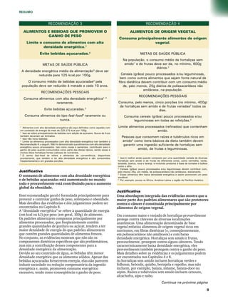 RECOMENDAÇÃO 3 
RESUMO 
ALIMENTOS E BEBIDAS QUE PROMOVEM O 
GANHO DE PESO 
Limite o consumo de alimentos com alta 
densidade energética.1 
Evite bebidas açucaradas.2 
METAS DE SAÚDE PÚBLICA 
A densidade energética média da alimentação3 deve ser 
reduzida para 125 kcal por 100g. 
O consumo médio de bebidas açucaradas2 pela 
população deve ser reduzido à metade a cada 10 anos. 
RECOMENDAÇÕES PESSOAIS 
Consuma alimentos com alta densidade energética1, 4 
raramente. 
Evite bebidas açucaradas.2 
Consuma alimentos do tipo fast-food5 raramente ou 
nunca. 
RECOMENDAÇÃO 4 
ALIMENTOS DE ORIGEM VEGETAL 
Consuma principalmente alimentos de origem 
vegetal. 
METAS DE SAÚDE PÚBLICA 
Na população, o consumo médio de hortaliças sem 
amido1 e de frutas deve ser de, no mínimo, 600g 
diários.2 
Cereais (grãos) pouco processados e/ou leguminosas, 
bem como outros alimentos que sejam fonte natural de 
fibra dietética devem contribuir com um consumo médio 
de, pelo menos, 25g diários de polissacarídeos não 
amiláceos, na população. 
RECOMENDAÇÕES PESSOAIS 
Consuma, pelo menos, cinco porções (no mínimo, 400g) 
de hortaliças sem amido e de frutas variadas2 todos os 
dias. 
Consuma cereais (grãos) pouco processados e/ou 
leguminosas em todas as refeições.3 
Limite alimentos processados (refinados) que contenham 
amido. 
Pessoas que consomem raízes e tubérculos ricos em 
amido4 como itens básicos da dieta também devem 
garantir uma ingestão suficiente de hortaliças sem 
amido, de frutas e leguminosas. 
1 Isso é melhor ainda quando composto por uma quantidade variada de diversas 
hortaliças sem amido e de frutas de diferentes cores, como vermelha, verde, 
amarela, branca, roxa e laranja, e incluindo produtos à base de tomates e bulbos 
como o alho. 
2 Cereais (grãos) pouco processados e/ou leguminosas devem contribuir com, 
pelo menos 25g, em média, de polissacarídeos não amiláceos, diariamente. 
3 Esses alimentos têm baixa densidade energética e assim promovem um peso 
saudável. 
4 Por exemplo, povos na África, América Latina e região do Pacífico Asiático. 
1 Alimentos com alta densidade energética são aqui definidos como aqueles com 
um conteúdo de energia de mais de 225-275 kcal por 100g. 
2 Isso se refere principalmente às bebidas com adição de açúcares. Sucos de fruta 
também deveriam ser limitados. 
3 Isso não inclui bebidas. 
4 Limite os alimentos processados com alta densidade energética (ver também a 
Recomendação 4, a seguir). Não foi demonstrado que alimentos com alta densidade 
energética pouco processados, tais como nozes e sementes, contribuam para o 
ganho de peso quando consumidos como parte das dietas típicas, sendo essas e 
muitos óleos hortaliças fontes valiosas de nutrientes. 
5 O termo fast-food se refere a alimentos de conveniência, disponíveis 
prontamente, que tendem a ter alta densidade energética e são consumidos 
freqüentemente e em grandes porções. 
Justificativa 
O consumo de alimentos com alta densidade energética 
e de bebidas açucaradas está aumentando no mundo 
todo e provavelmente está contribuindo para o aumento 
global da obesidade. 
Essa recomendação geral é formulada principalmente para 
prevenir e controlar ganho de peso, sobrepeso e obesidade. 
Mais detalhes das evidências e dos julgamentos podem ser 
encontrados no Capítulo 8. 
A “densidade energética” se refere à quantidade de energia 
(em kcal ou kJ) por peso (em geral, 100g) de alimento. 
Os padrões alimentares compostos principalmente por 
alimentos processados, que freqüentemente contêm 
grandes quantidades de gordura ou açúcar, tendem a ter 
maior densidade de energia do que padrões alimentares 
que contêm grandes quantidades de alimentos frescos. 
No conjunto, as evidências mostram que não são os 
componentes dietéticos específicos que são problemáticos, 
mas sim a contribuição desses componentes para a 
densidade energética da alimentação. 
Devido ao seu conteúdo de água, as bebidas têm menor 
densidade energética que os alimentos sólidos. Apesar das 
bebidas açucaradas fornecerem energia, elas não parecem 
induzir saciedade ou redução compensatória da ingestão 
energética e, assim, promovem consumo energético 
excessivo, tendo como conseqüência o ganho de peso. 
Justificativa 
Uma abordagem integrada das evidências mostra que a 
maior parte dos padrões alimentares que são protetores 
contra o câncer é constituída principalmente por 
alimentos de origem vegetal. 
Um consumo maior e variado de hortaliças provavelmente 
protege contra cânceres de diversas localizações 
anatômicas. Uma alimentação denominada de base 
vegetal enfatiza alimentos de origem vegetal ricos em 
nutrientes, em fibras dietéticas (e, conseqüentemente, 
em polissacarídeos não amiláceos) e com baixa 
densidade energética. Hortaliças sem amido e frutas, 
provavelmente, protegem contra alguns cânceres. Tendo 
caracteristicamente baixa densidade energética, eles 
provavelmente também protegem contra o ganho de peso. 
Mais detalhes sobre as evidências e os julgamentos podem 
ser encontrados nos Capítulos 4 e 8. 
As hortaliças sem amido incluem hortaliças verdes e 
folhosas, brócolis, quiabo, berinjela e repolho, mas não 
incluem, por exemplo, batata, inhame, batata-doce ou 
aipim. Raízes e tubérculos sem amido incluem cenoura, 
alcachofra, aipo e nabo. 
Continua na próxima página 
 