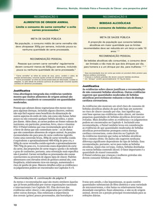 RECOMENDAÇÃO 5 
ALIMENTOS DE ORIGEM ANIMAL 
Limite o consumo de carne vermelha1 e evite 
carnes processadas.2 
META DE SAÚDE PÚBLICA 
Na população, o consumo médio de carne vermelha não 
deve ultrapassar 300g por semana, incluindo pouca ou 
nenhuma quantidade de carne processada. 
RECOMENDAÇÃO PESSOAL 
Pessoas que comem carne vermelha1 regularmente 
devem consumir menos de 500g por semana, incluindo 
pouca ou nenhuma quantidade de carne processada.2 
RECOMENDAÇÃO 6 
BEBIDAS ALCOÓLICAS 
Limite o consumo de bebidas alcoólicas.1 
META DE SAÚDE PÚBLICA 
A proporção da população que consome bebidas 
alcoólicas em maior quantidade que os limites 
recomendados deve ser reduzida em um terço a cada 10 
anos.1, 2 
RECOMENDAÇÃO PESSOAL 
Se bebidas alcoólicas são consumidas, o consumo deve 
ser limitado a não mais do que dois drinques por dia, 
para homens e a um drinque por dia, para mulheres.1, 2, 3 
1 Essa recomendação leva em conta que existe um provável efeito protetor para 
doença cardíaca coronariana. 
2 Crianças e mulheres grávidas não devem consumir bebidas alcoólicas. 
3 Um “drinque” contém aproximadamente 10-15g de etanol. 
1 “Carne vermelha” se refere às carnes de vaca, porco, cordeiro e cabra, de 
animais domesticados, incluindo aquela contida em alimentos processados 
2 “Carne processada” se refere às carnes preservadas por defumação, curadas ou 
salgadas, ou pela adição de produtos químicos de preservação incluindo aqueles 
contidos em alimentos processados. 
10 
Alimentos, Nutrição, Atividade Física e Prevenção de Câncer: uma perspectiva global 
As metas e recomendações aqui são muito similares àquelas 
que já foram publicadas por outras organizações nacionais 
e internacionais (ver Capítulo 10). Elas derivam das 
evidências sobre câncer e são amparadas por evidências 
sobre outras doenças. Elas enfatizam a importância 
dos cereais (grãos) pouco processados, das hortaliças e 
frutas sem amido, e das leguminosas, as quais contêm 
quantidades substanciais de fibra dietética e uma variedade 
de micronutrientes, e têm baixa ou relativamente baixa 
densidade energética. Esses alimentos, e não os de origem 
animal, devem ser a porção principal recomendada para as 
refeições diárias. 
Justificativa 
Uma abordagem integrada das evidências também 
mostra que muitos alimentos de origem animal são 
nutritivos e saudáveis se consumidos em quantidades 
moderadas. 
Pessoas que adotam dietas vegetarianas têm menor risco 
para algumas doenças, incluindo alguns cânceres, embora 
não seja fácil separar esses benefícios da alimentação de 
outros aspectos do estilo de vida, tais como não fumar, beber 
pouco ou não consumir qualquer bebida alcoólica, e assim 
por diante. Além disso, as carnes podem ser fontes valiosas de 
nutrientes, em particular, proteínas, ferro, zinco e vitamina 
B12. O Painel enfatiza que essa recomendação geral não é 
a favor de dietas que não contenham carne – ou de dietas 
que não contenham alimentos de origem animal. As porções 
recomendadas são para peso de carne conforme ingerido. 
Como uma conversão bruta, 300g de carne vermelha cozida 
é equivalente a aproximadamente 400-450g do peso cru, e 
500g de carne vermelha cozida equivale a aproximadamente 
700-750g do peso cru. A conversão exata dependerá do corte 
da carne, das proporções de carne magra e gorda e do método 
e grau de cozimento, portanto, uma orientação mais específica 
não é possível. Carnes vermelhas ou processadas são causas 
convincentes ou prováveis de alguns tipos de câncer. Padrões 
alimentares com elevados níveis de gordura animal são, com 
freqüência, relativamente ricos em energia, aumentando o 
risco de ganho de peso. Maiores detalhes sobre as evidências e 
os julgamentos podem ser encontrados nos Capítulos 4 e 8. 
Justificativa 
As evidências sobre câncer justificam a recomendação 
de não consumir bebidas alcoólicas. Outras evidências 
sugerem que quantidades moderadas de bebidas 
alcoólicas provavelmente reduzem o risco de doença 
cardíaca coronariana. 
As evidências não mostram um nível claro de consumo de 
bebidas alcoólicas abaixo do qual não haja um aumento 
no risco de câncer causado por elas. Isso significa que, 
com base apenas nas evidências sobre câncer, até mesmo 
pequenas quantidades de bebidas alcoólicas deveriam ser 
evitadas. Mais detalhes sobre as evidências e os julgamentos 
podem ser encontrados no Capítulo 4. Incluindo essa 
recomendação, o Painel também levou em consideração 
as evidências de que quantidades moderadas de bebidas 
alcoólicas provavelmente protegem contra doença 
cardíaca coronariana, como descrito no Capítulo 10. 
As evidências mostram que todas as bebidas alcoólicas 
têm o mesmo efeito. Os dados não sugerem nenhuma 
diferença significante dependente do tipo de bebida. Essa 
recomendação, portanto, serve para todas as bebidas 
alcoólicas, sejam elas cervejas, vinhos, bebidas destiladas 
ou outras bebidas contendo álcool. O fator importante é a 
quantidade de etanol consumido. 
O Painel enfatiza que crianças e mulheres grávidas não 
devem consumir bebidas alcoólicas. 
Recomendações 4, continuação da página 9 
 