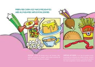 PRODUTOS CADA VEZ MAIS PRESENTES
NOS ALIMENTOS INDUSTRIALIZADOS




           Açúcar: é fonte de energia para o ser humano. Mas,   Gordura saturada: é um tipo de gordura muito
           quando comemos em exagero, pode causar aumento de    encontrada em alimentos de origem animal. Comê-la
           peso e excesso de gordura no sangue.                 excessivamente pode provocar o acúmulo de gordura
                                                                nos vasos sangüíneos e causar doenças do coração.
 