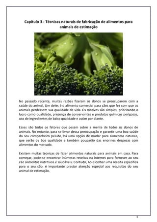 8
Capítulo 3 - Técnicas naturais de fabricação de alimentos para
animais de estimação
No passado recente, muitas razões fizeram os donos se preocuparem com a
saúde do animal. Um deles é o alimento comercial para cães que fez com que os
animais perdessem sua qualidade de vida. Os motivos são simples, priorizando o
lucro como qualidade, presença de conservantes e produtos químicos perigosos,
uso de ingredientes de baixa qualidade e assim por diante.
Esses são todos os fatores que pesam sobre a mente de todos os donos de
animais. No entanto, para se livrar dessa preocupação e garantir uma boa saúde
do seu companheiro peludo, há uma opção de mudar para alimentos naturais,
que serão de boa qualidade e também pouparão das enormes despesas com
alimentos do mercado.
Existem muitas técnicas de fazer alimentos naturais para animais em casa. Para
começar, pode-se encontrar inúmeras receitas na internet para fornecer ao seu
cão alimentos nutritivos e saudáveis. Contudo, Ao escolher uma receita específica
para o seu cão, é importante prestar atenção especial aos requisitos do seu
animal de estimação.
 